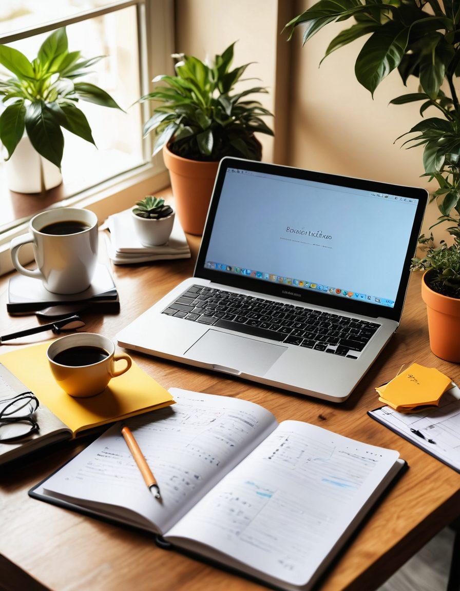 An inviting desktop scene featuring a digital diary opened to a brightly colored page filled with vibrant notes and sketches. Surround the diary with a warm cup of coffee, a potted plant, and a glowing laptop displaying a knowledge-sharing platform. Use soft natural light to create a cozy atmosphere, inviting readers to explore the concept of knowledge sharing. super-realistic. warm colors. minimalistic background.