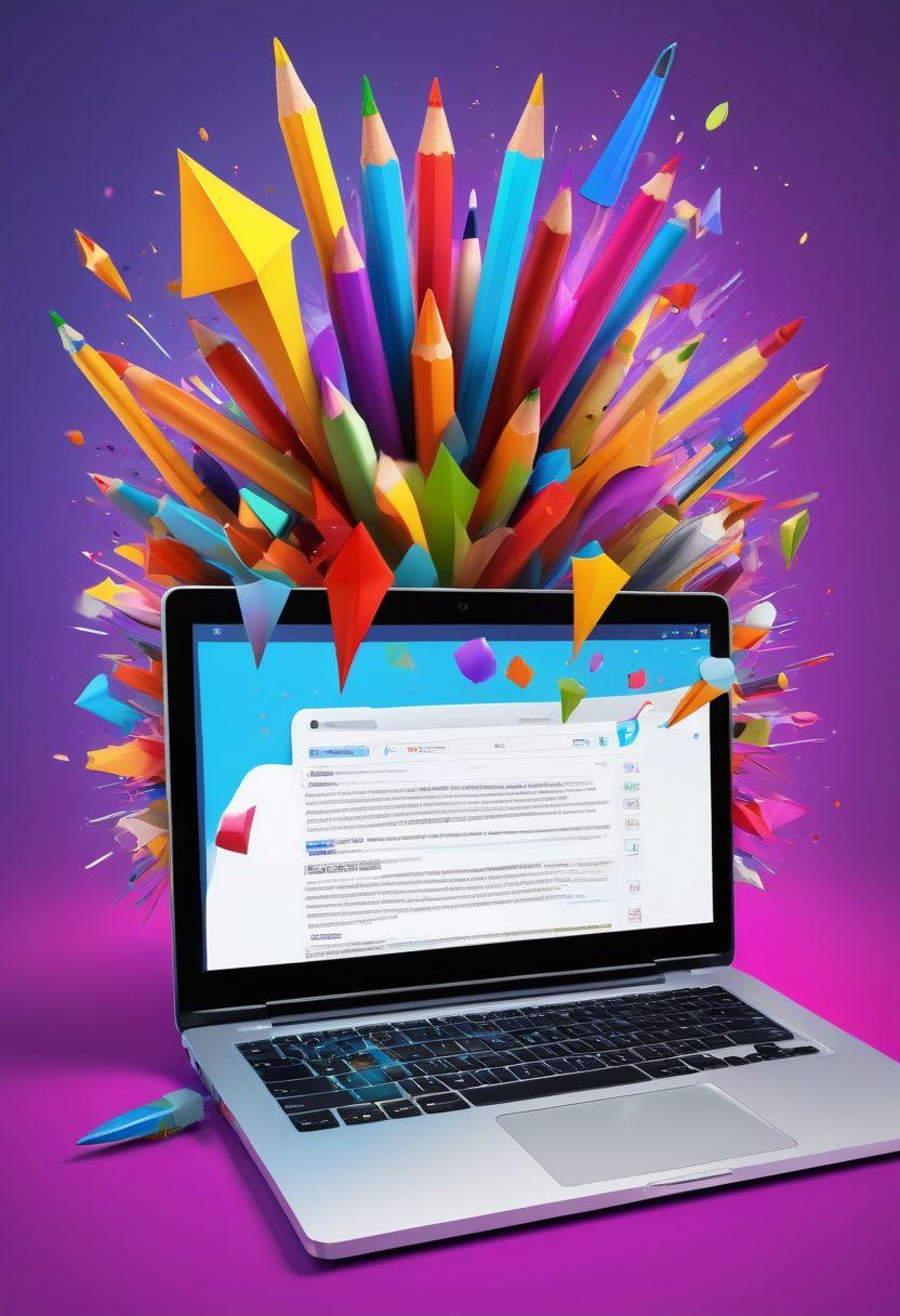 A dynamic illustration of an open laptop displaying a vibrant blog interface bursting with colors, surrounded by floating icons representing engagement, elevation, and publication such as megaphones, upward arrows, and pencils. Showcase a diverse group of enthusiastic bloggers collaborating and brainstorming around a table, with ideas radiating in bright lines. Emphasize a sense of creativity and community. super-realistic. vibrant colors. 3D.