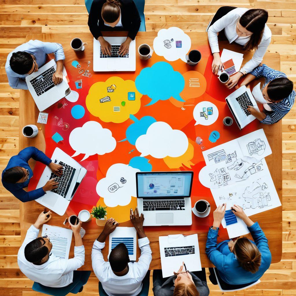 A diverse group of bloggers strategically collaborating around a table filled with laptops, notebooks, and coffee cups, showcasing brainstorming and creativity. Floating above them are thought bubbles filled with engaging content ideas, social media icons, and colorful analytics graphs, symbolizing audience engagement. The background features a vibrant digital landscape with dynamic elements that reflect the online blogging world. warm and inviting atmosphere. super-realistic. vibrant colors. white background.